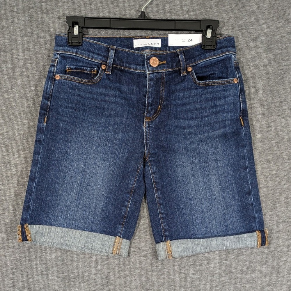 LOFT Womens Dark Wash Denim Bermuda Shorts Cuffed Hem Stretch MidRise Sz 00 24